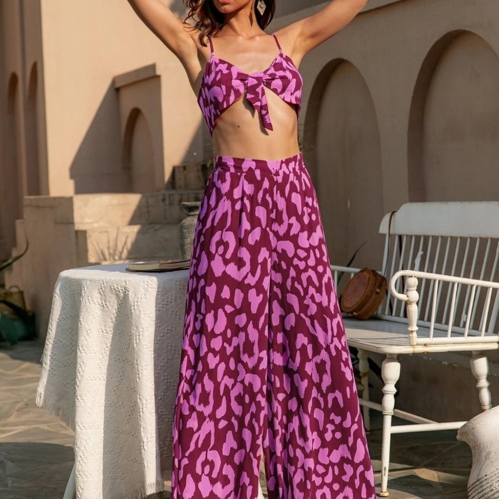Purple Summer Allover Print Crop Cami Top & Wide Leg Pants Set - Picture 4 of 5